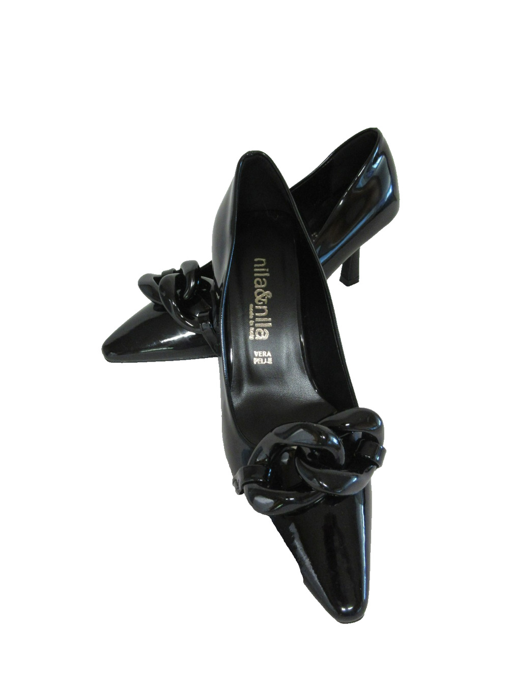 Nila&Nila Black Vegan Patent Leather 37EU Chain Link Pointed Toe Dressy Pumps